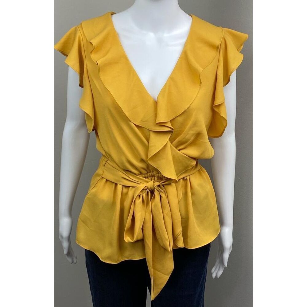 Max Studio Surplice Ruffle Peplum Top Ties Blouse Womens Medium Yellow BB0361